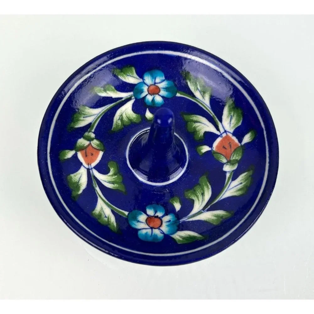 Handmade Pottery Ring Trinket Holder Jewelry Dish Cobalt Blue Floral Home Decor